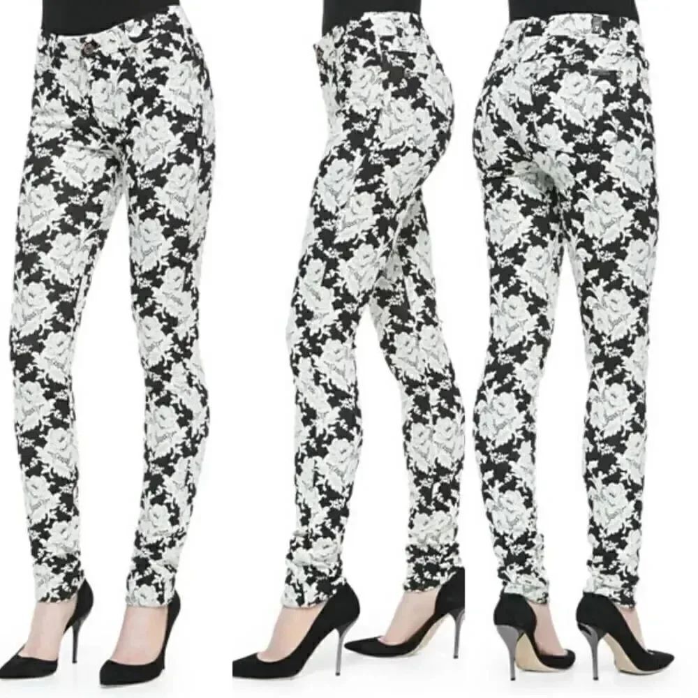 7 For All MankindHigh-Rise Skinny Floral Jeans, White Rose 25 NWT